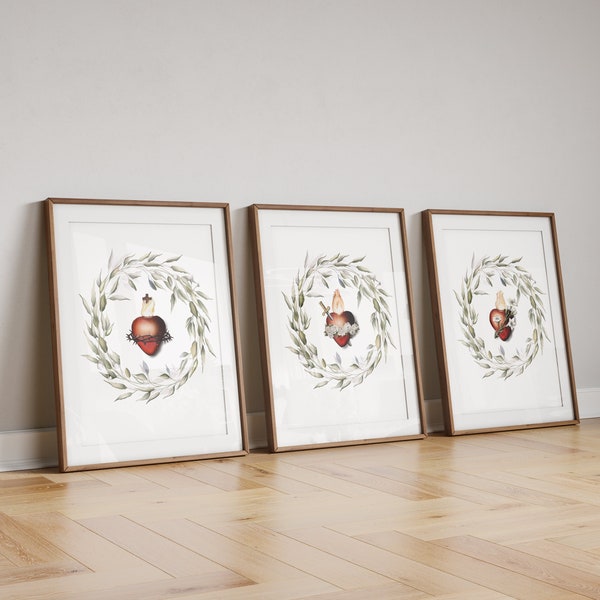 Three Hearts of the Holy Family Set (3 prints), Holy Family, Sacred Heart, Immaculate Heart, Chaste Heart of St Joseph, Catholic gift