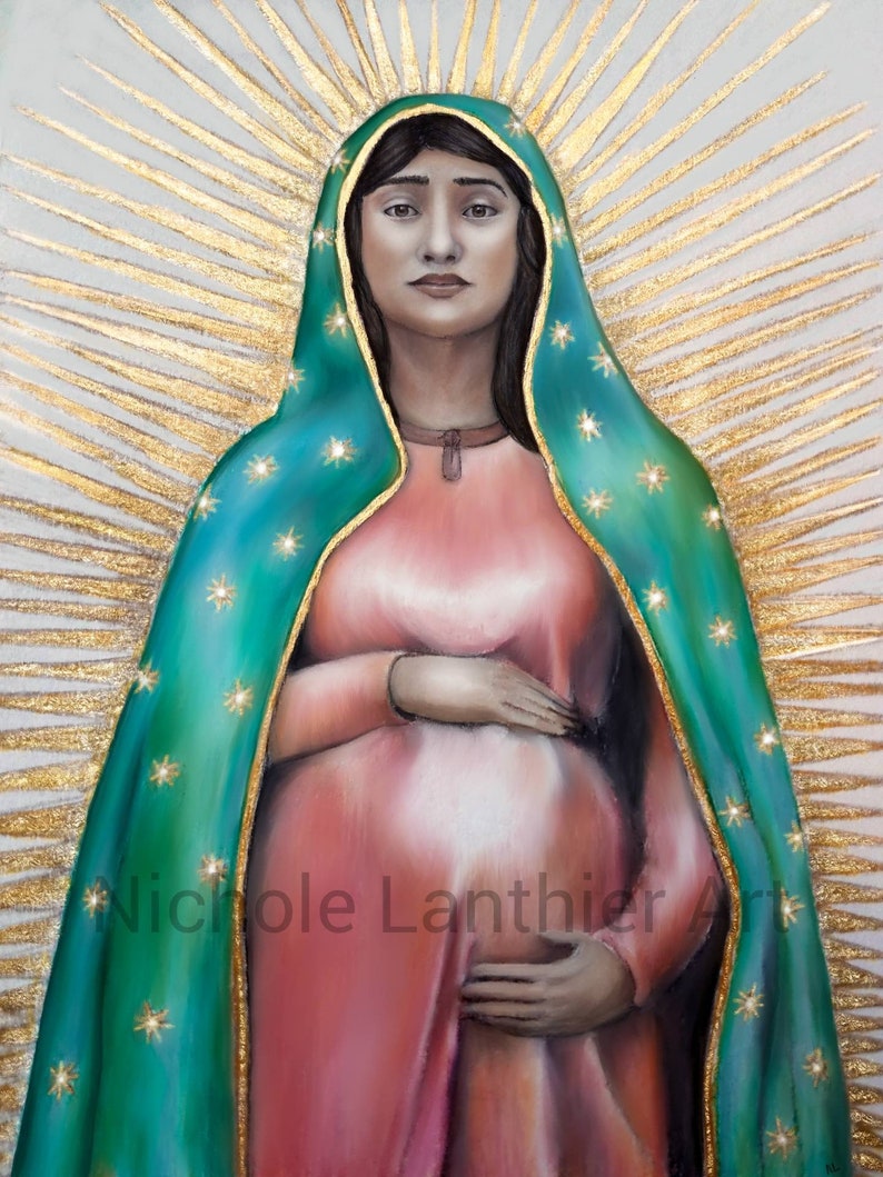 May include: A painting of the Virgin Mary, depicted with a blue and green robe and a gold halo. She is pregnant and holding her belly with both hands. The painting is signed "Nichole Lanthier Art".