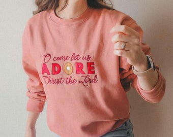 EMBROIDERED Pink Peach ADORE Eucharistic Christmas Sweatshirt, Catholic Sweater, Catholic Christmas