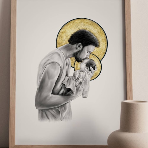 St. Joseph and Baby Jesus Art Print, Catholic Art, Saint Art, St. Joseph Art , Catholic gift | Catholic Dad gift | Catholic Father, baptism