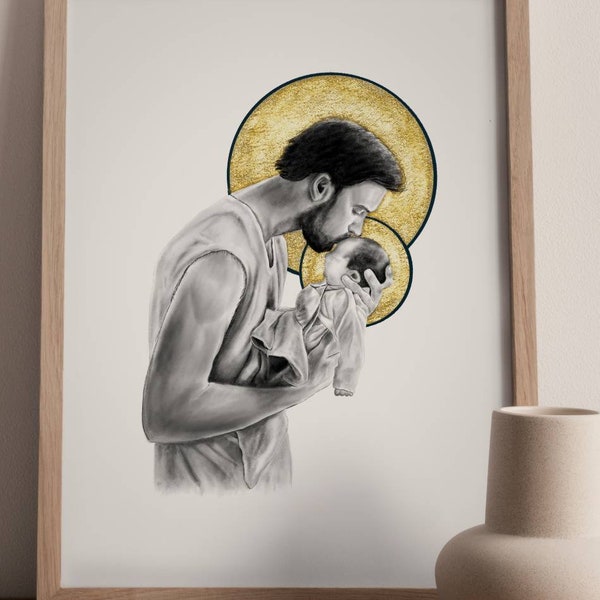 Lámina de San José y el Niño Jesús, arte católico, arte de santos, arte de San José, regalo católico / regalo para papá católico / padre católico, bautismo