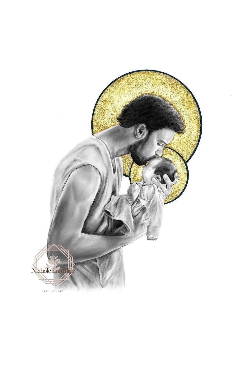 St. Joseph and Baby Jesus Art Print, Catholic Art, Saint Art, St. Joseph Art , Catholic gift Catholic Dad gift Catholic Father, baptism image 2