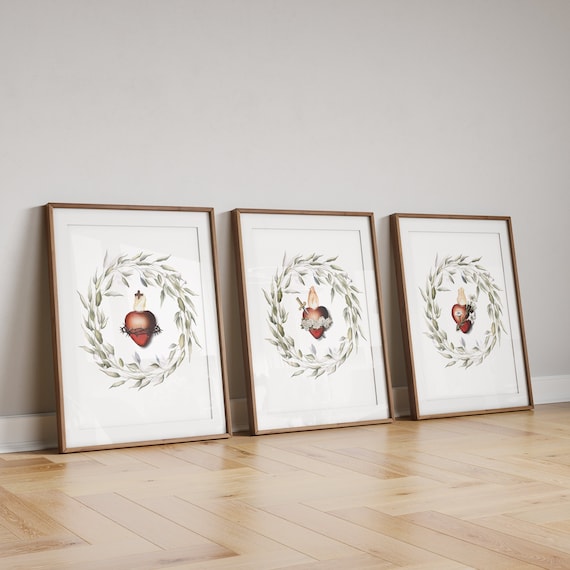 Three Hearts of the Holy Family Set (3 prints), Holy Family, Sacred Heart, Immaculate Heart, Chaste Heart of St Joseph, Catholic gift