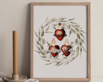 Drei Herzen der Heiligen Familie Kunstdruck, Heilige Familienherzen, Heiligstes Herz Jesu, Unbeflecktes Herz Mariens, Katholisches Geschenk, St. Joseph