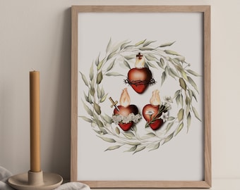 Three Hearts of the Holy Family Art Print, Holy Family Hearts, Sacred Heart of Jesus, Immaculate Heart of Mary, Catholic gift, St. Joseph