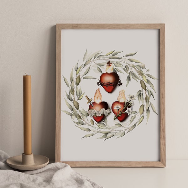 Three Hearts of the Holy Family Art Print, Holy Family Hearts, Sacred Heart of Jesus, Immaculate Heart of Mary, Catholic gift, St. Joseph