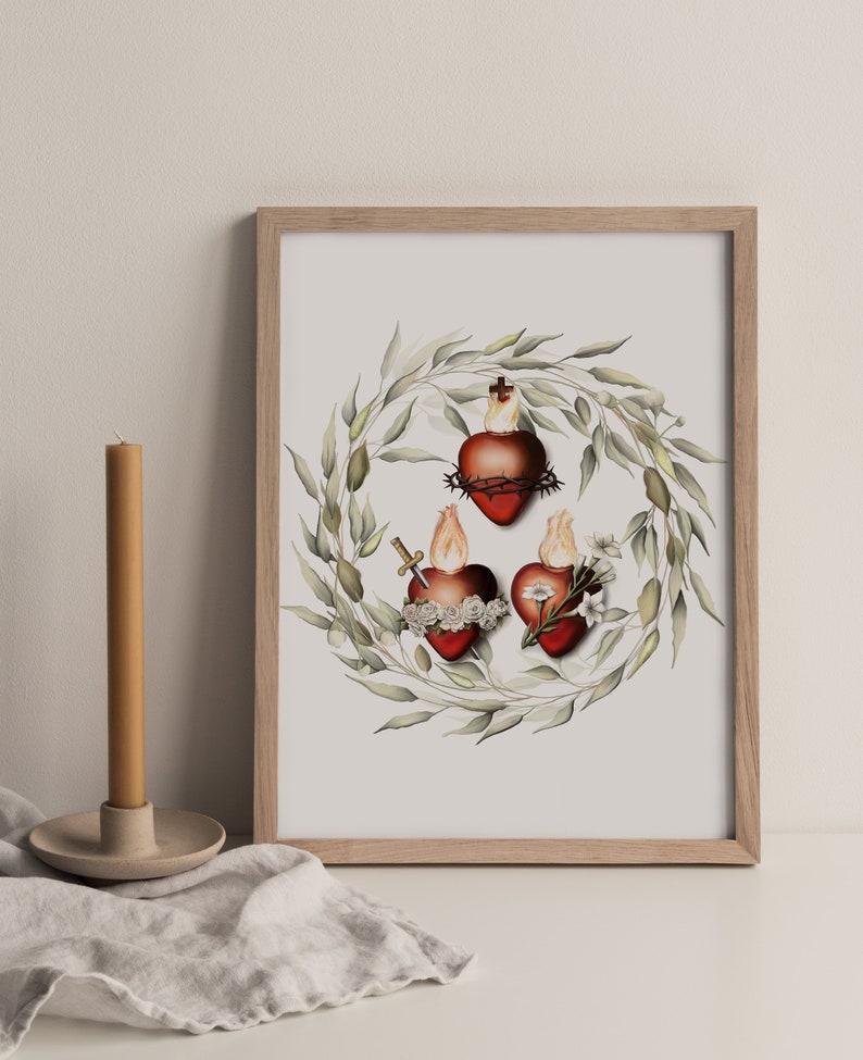 Three Hearts of the Holy Family Print -- Sacred Heart of Jesus, Immaculate Heart of Mary, Most Chaste Heart of St. Joseph