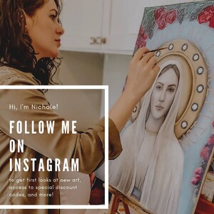 May include: A woman paints a portrait of a woman with a halo of light and flowers. The text "Hi, I'm Nichole! FOLLOW ME ON INSTAGRAM to get first looks at new art, access to special discount codes, and more! @NICHOLELANTHIER" is visible in the image.
