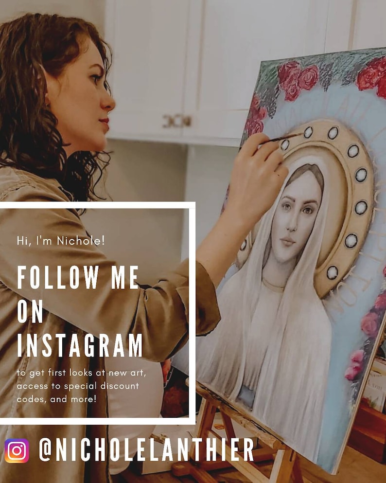 May include: A woman paints a portrait of a woman with a halo of light and flowers. The text "Hi, I'm Nichole! FOLLOW ME ON INSTAGRAM to get first looks at new art, access to special discount codes, and more! @NICHOLELANTHIER" is visible in the image.