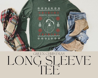 Green Christmas Long Sleeve Tee - Adult, Catholic Christmas Shirt, Catholic gift