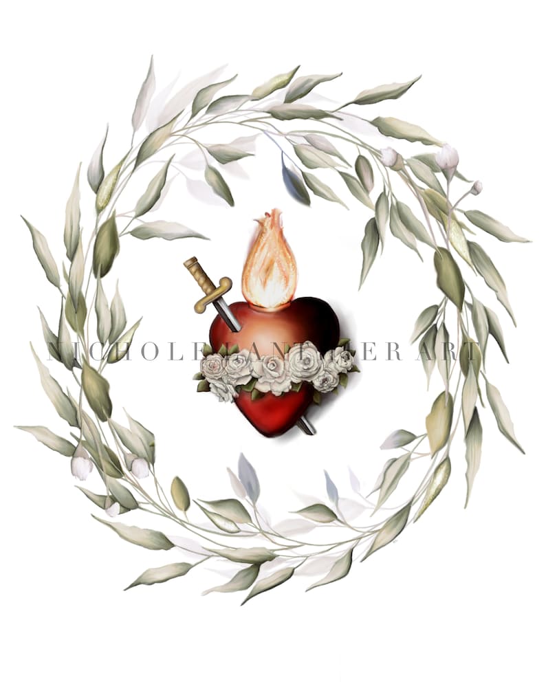 May include: A watercolour illustration featuring a red heart pierced by a sword, topped with a flame and adorned with white roses. The heart is encircled by a wreath of green and grey leaves. The text "NICOLE ANTLER ART" is at the bottom.