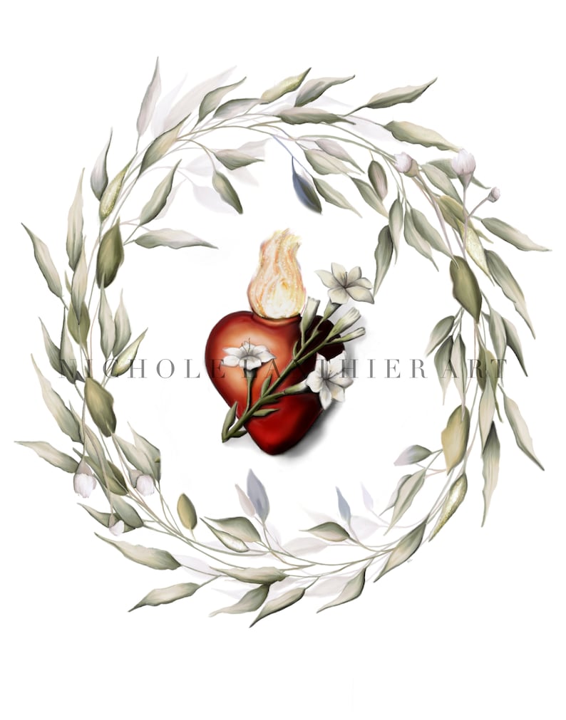 May include: Digital illustration of a red heart with a flame, decorated with white flowers and a leafy branch. The heart is encircled by a wreath of green and grey leaves. The text "HOLY THIER ART" is at the bottom.