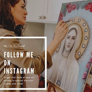May include: A woman paints a portrait of a woman with a halo of light and flowers. The text "Hi, I'm Nichole! FOLLOW ME ON INSTAGRAM to get first looks at new art, access to special discount codes, and more! @NICHOLELANTHIER" is visible in the image.