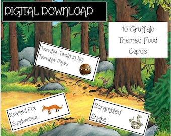 Tarjetas de etiquetas de alimentos temáticas de Gruffalo para mesa de fiesta - DESCARGA DIGITAL