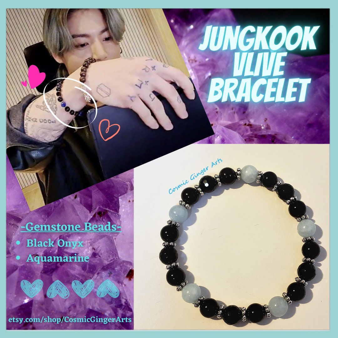 ☆ONE ENOUGH☆Gemstones With Chain Bracelet BTS愛用 男女兼用 Jungkook Vlive Bracelet | Onyx & Aquamarine Bead Bracelet