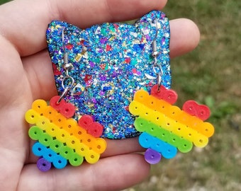 Rainbow heart perler bead earrings