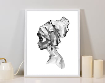 African woman portrait, African American Wall Art Prints, Black Girl Magic, Black Art, Watercolour print, African Queen, Black and white art
