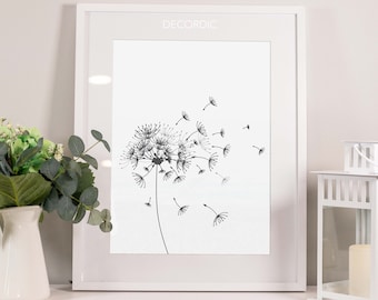 Dandelion wall art, Black And White print, Dandelion printable, Botanical Wall Art Print, Dandelion Print,Botanical Wall Art,Flower Wall Art