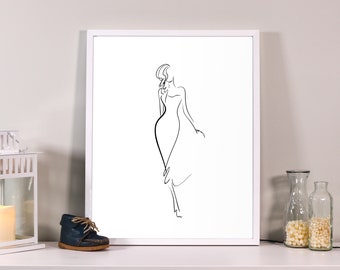 Woman silhouette print, One Line Drawing, Printable Wall Art,black white silhouette,Single Line Figure Drawing Art Print,Minimalist Line Art