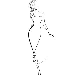 May include: A minimalist black line drawing of a woman in a form-fitting dress. The figure is depicted with flowing lines, suggesting movement and elegance. The artwork is set against a clean white background, emphasizing the simplicity of the design.