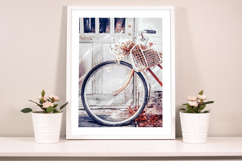 May include: A white bicycle with a wicker basket filled with dried flowers is parked in front of a weathered white door. The bicycle has a black tyre and a brown handlebar.