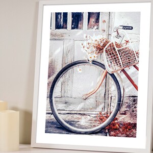 May include: A vintage bicycle with a white wicker basket filled with dried flowers is parked in front of a weathered white door. The bicycle has a black tyre and a brown frame.