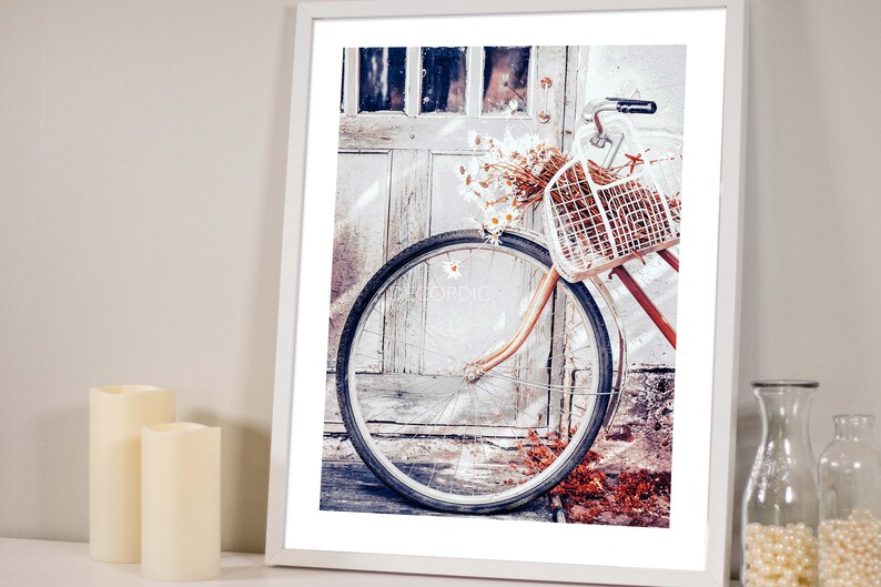 May include: A vintage bicycle with a white wicker basket filled with dried flowers is parked in front of a weathered white door. The bicycle has a black tyre and a brown frame.