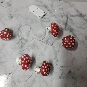Puede incluir: Una cadena de luces de hadas con bombillas en forma de hongo rojo y blanco. Las luces están enhebradas con un cable delgado y tienen una batería.