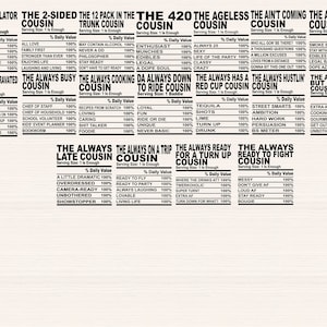 May include: A set of 10 printable cousin labels with a nutrition facts style design. Each label features a different cousin type, such as "The #1 Regulator Cousin" or "The Always Late Cousin". The labels are black text on a white background.
