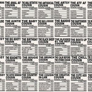 May include: A humorous infographic with a white background and black text. The infographic is divided into a grid of 36 squares, each representing a different type of cousin. Each square has a title, a serving size, and a list of characteristics. For example, the "The Always Working Cousin" square lists characteristics such as "Goals", "Boss Moves", "Mind on My Money", and "Team No Sleep".