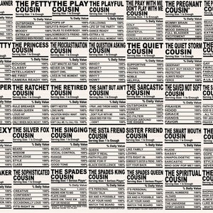 May include: A black and white printable chart with the title "Cousin" and a list of different types of cousins with their characteristics. The chart is designed to look like a vintage food label.