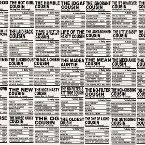 May include: A humorous infographic poster with a black and white design. It features a list of different "cousin" types with a description of their personality traits. Each cousin type is presented as a product label with a serving size of 1. The poster is a fun way to categorise different family members.