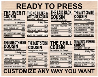 DTF Transfers, Ready to Press Cousin Nutrition Facts Designs, Iron On, T-shirt Transfers, Heat Transfer, Family Reunion DTF Transfers
