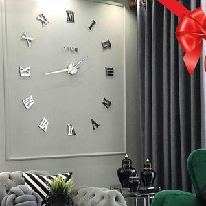 Christmas Gift Stylish DIY Wall Clock Mirror Frameless Elegant Decoration. Metal clock, Artistic Silent Clock, Silver & Black image 1