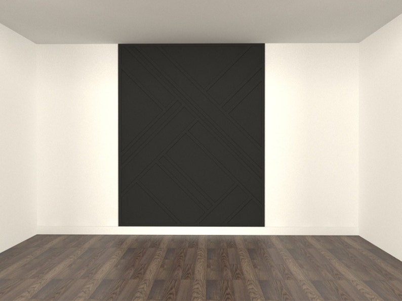 Op de afbeelding: Een witte kamer met een zwarte accentmuur met een geometrisch patroon. De muur is gemaakt van houten panelen met een reli&euml;fdesign. De vloer is van donker hout.