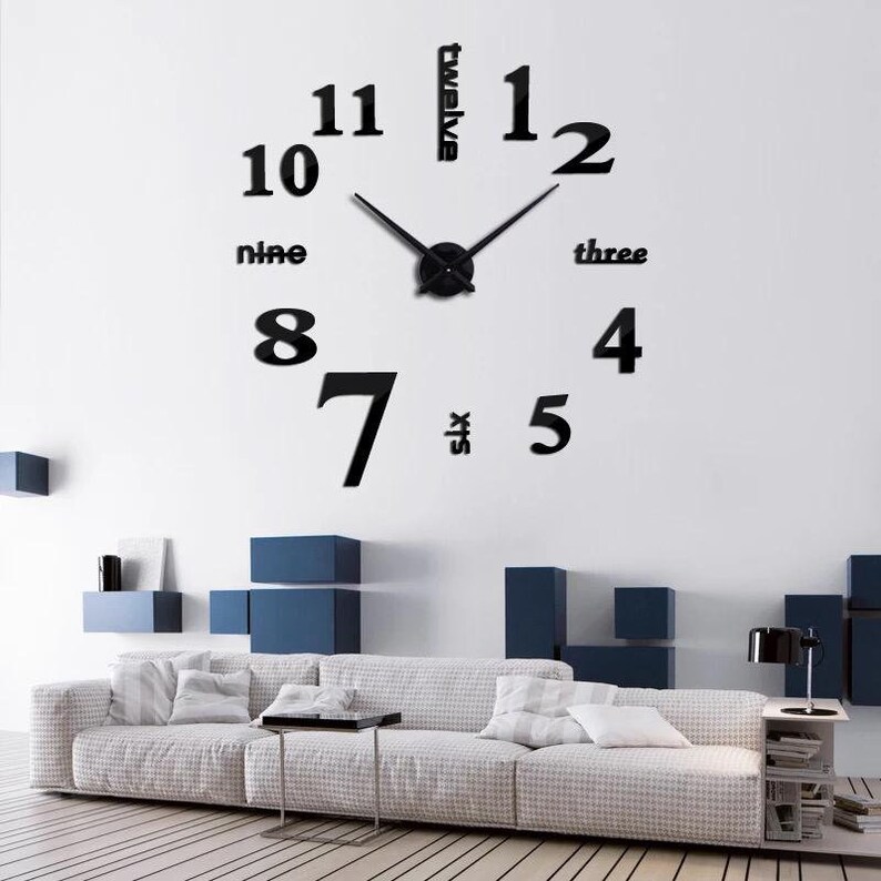 Christmas Gift Stylish DIY Wall Clock Mirror Frameless Elegant Decoration. Metal clock, Artistic Silent Clock, Silver & Black image 4