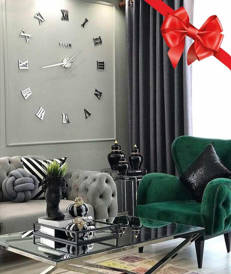 Christmas Gift Stylish DIY Wall Clock Mirror Frameless Elegant Decoration. Metal clock, Artistic Silent Clock, Silver & Black image 1