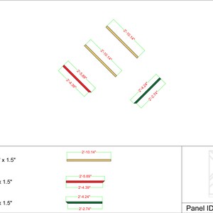 Op de afbeelding: Diagram met een houtbewerkingsproject met drie verschillende soorten houten stroken. De stroken zijn gelabeld met hun afmetingen en hoeveelheid. Het diagram laat zien hoe de stroken zijn gerangschikt om een paneel te maken. Het paneel is gelabeld "Panel ID -6" en de schaal is 1:20.