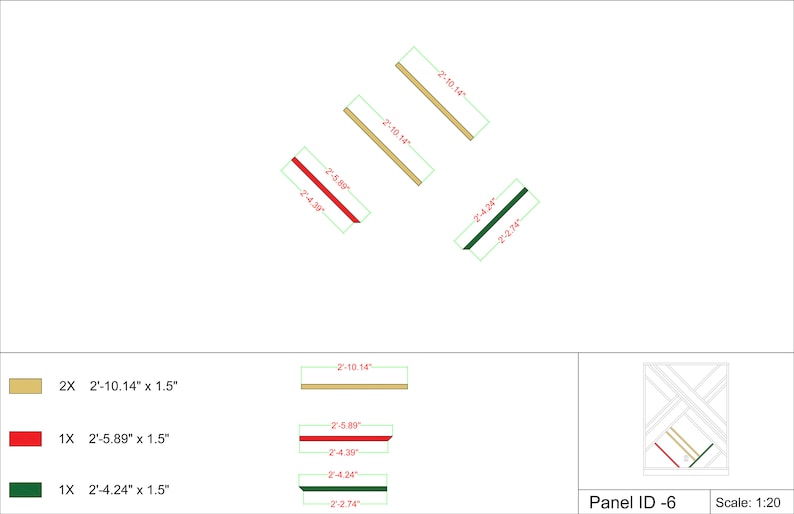 Op de afbeelding: Diagram met een houtbewerkingsproject met drie verschillende soorten houten stroken. De stroken zijn gelabeld met hun afmetingen en hoeveelheid. Het diagram laat zien hoe de stroken zijn gerangschikt om een paneel te maken. Het paneel is gelabeld "Panel ID -6" en de schaal is 1:20.