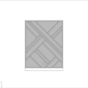 Op de afbeelding: Een grijze muur met een geometrisch patroon van elkaar kruisende lijnen. De muur heeft een enkele stopcontact.