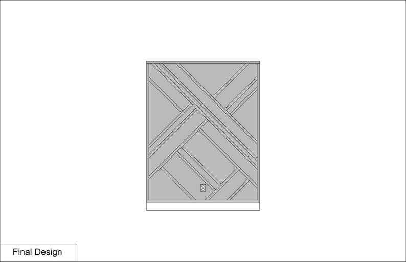 Op de afbeelding: Een grijze muur met een geometrisch patroon van elkaar kruisende lijnen. De muur heeft een enkele stopcontact.