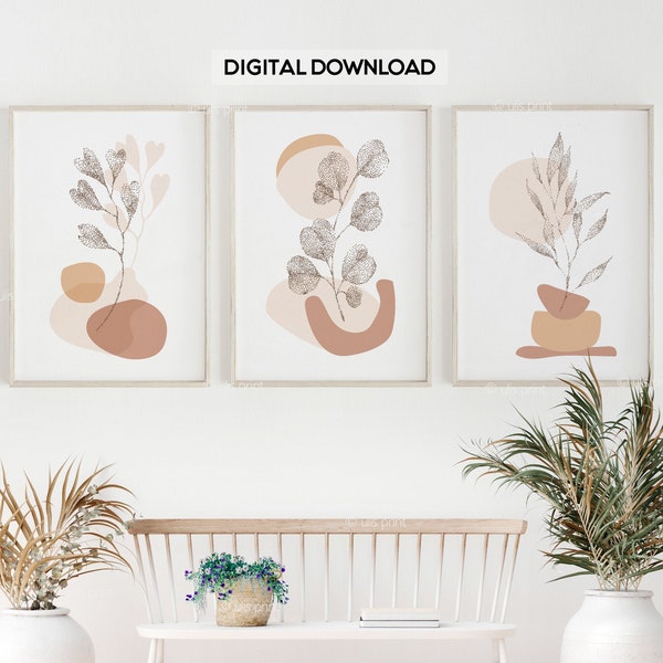 Set of 3 Abstract Bedroom Prints,Boho Decor, Abstract Poster,Warm Color Art, Mid Century Modern, Above Bed Wall Art, Bedroom Printable Art