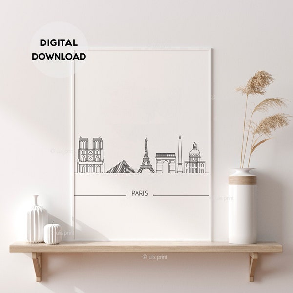Paris Line Art Print, Paris Skyline Poster, Minimal Art, Modern Minimalist,French Architecture,Eiffel tower, Louvre Museum, Instant Download