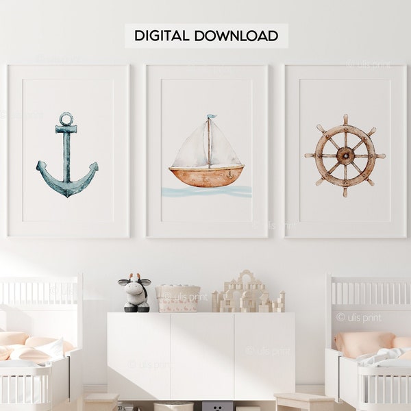 Nautical Watercolor Set of 3, Boat Print,Anchor Kids Room,Wheel Boat Room Decor,Boys Room,Kids Wall Art,Nursery Decor,Toddler Printable Art