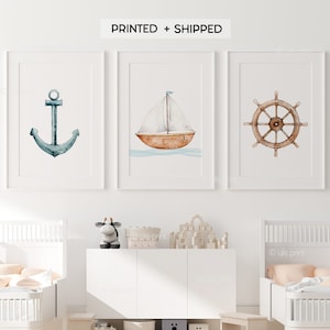 Nautical Watercolor Set of 3, Boat Print,Anchor Kids Room,Wheel Boat Room Decor,Boys Room,Kids Wall Art,Nursery Decor,Nursery Child Toddler