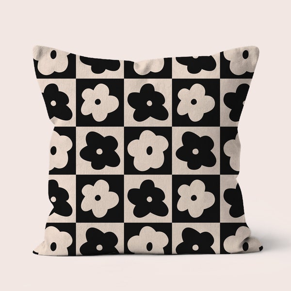 Checkered Daisies Black Retro Groovy Cushion Cover,Aesthetic Room Decor,Throw pillow cover, Square pillow case, Home gift, Housewarming Gift