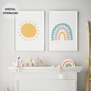 Neutral Nursery Print, Weather Kids Room, Sun Rainbow, Kids Room,Nursery Decor,Nursery Child Toddler Prints,Kids Colorful,Set of 2 Printable