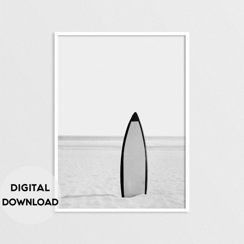 Black and White Surf Beach Decor Print Vintage Longboard Etsy