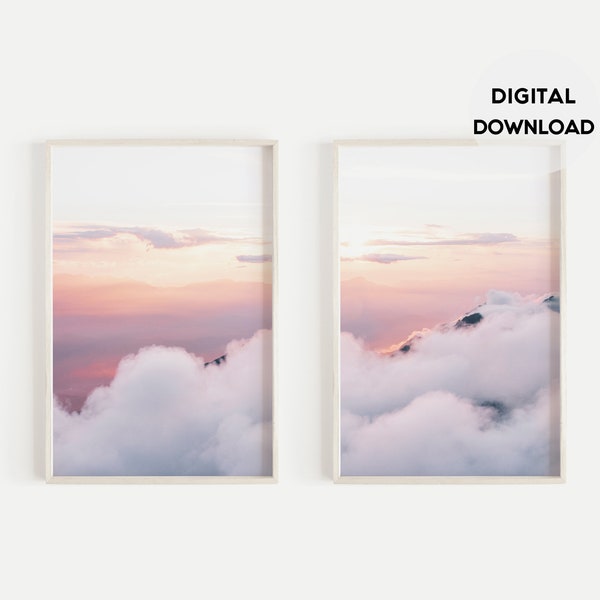 Clouds Print, Set of 2 Prints, Pink Mountain, Pink Sky Clouds, Sunset Print, Pastel Wall Art, Misty Clouds Print,Grey and Pink Decor,Digital