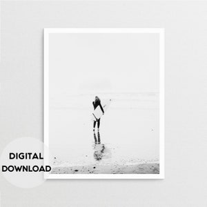 Surf Print, Surf Photography, Beach Print, Black and White, Monochrome, Beach Decor, Ocean Print, Surfer girl, Downloadable, Printable Surf